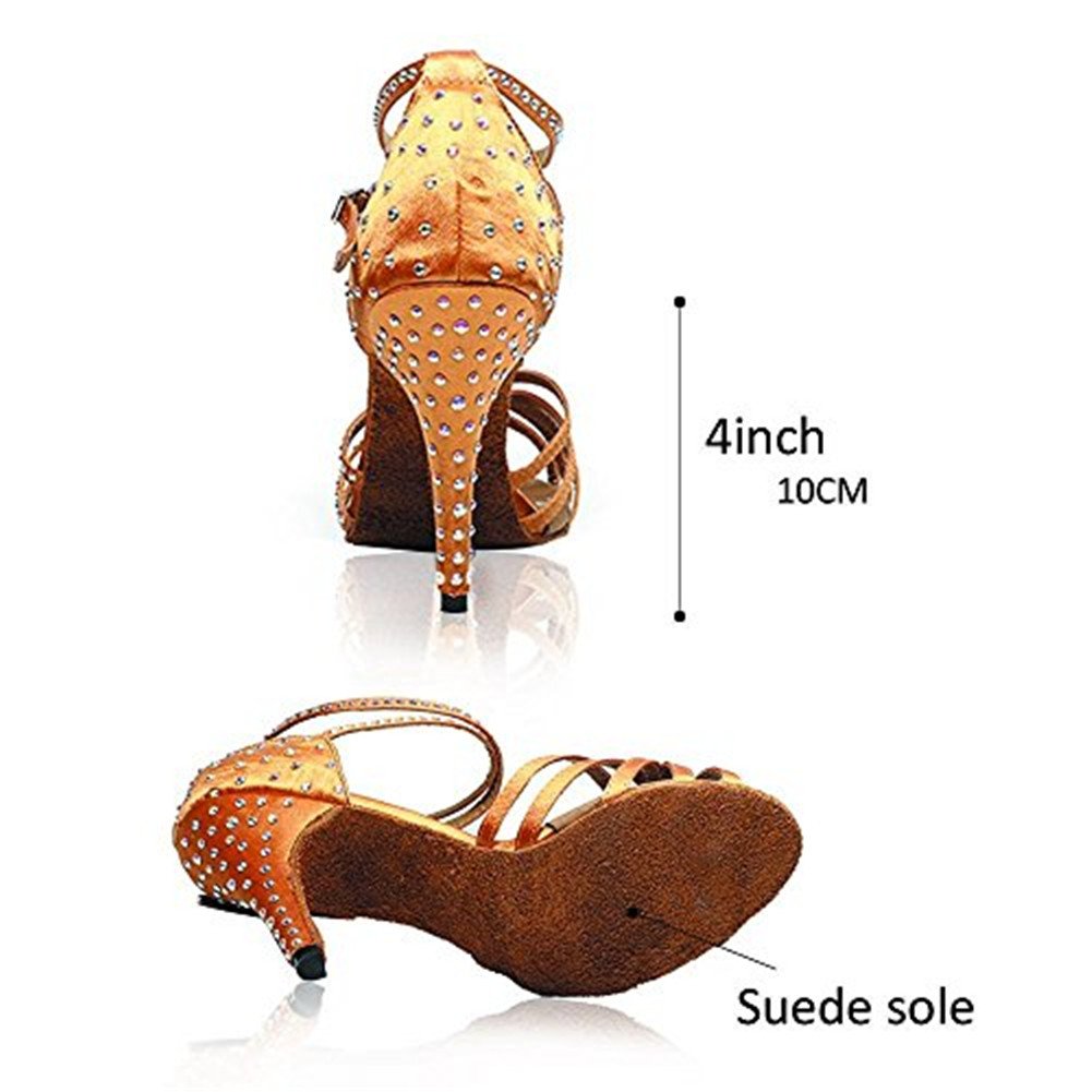 WENDYWU Women Latin Shoes Rhinestone Ballroom 4" High Heel Sandals Dance Shoes (5.5 B(M) US, Gold)