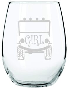 trucker girls like offroad too! stemless wine glass | off road rock climber or mall crawler | woman or girl offroaders 4 x 4 | 15 ounce | birthday, anniversary