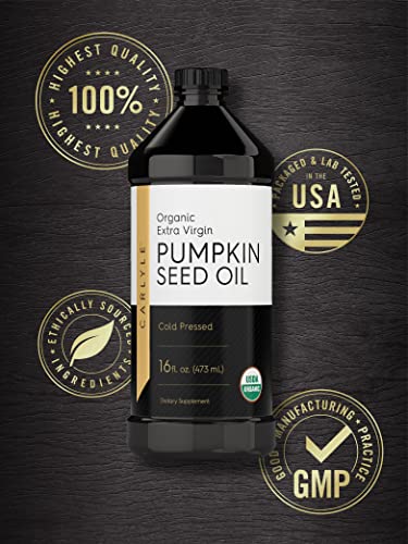 Carlyle Pumpkin Seed Oil 16oz Organic Cold Pressed | Extra Virgin | Vegetarian, Non-GMO, Gluten Free | Safe for Cooking | Great for Hair and Face