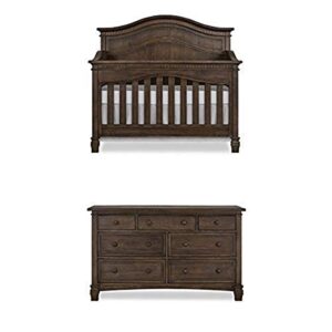 evolur cheyenne 5 in 1 full panel convertible crib in antique brown with double dresser