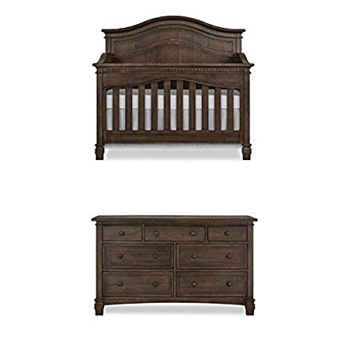 Evolur Cheyenne 5 in 1 Full Panel Convertible Crib in Antique Brown with Double Dresser