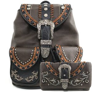 justin west trendy western rhinestone leather conceal carry top handle backpack purse (western brown backpack wallet set)