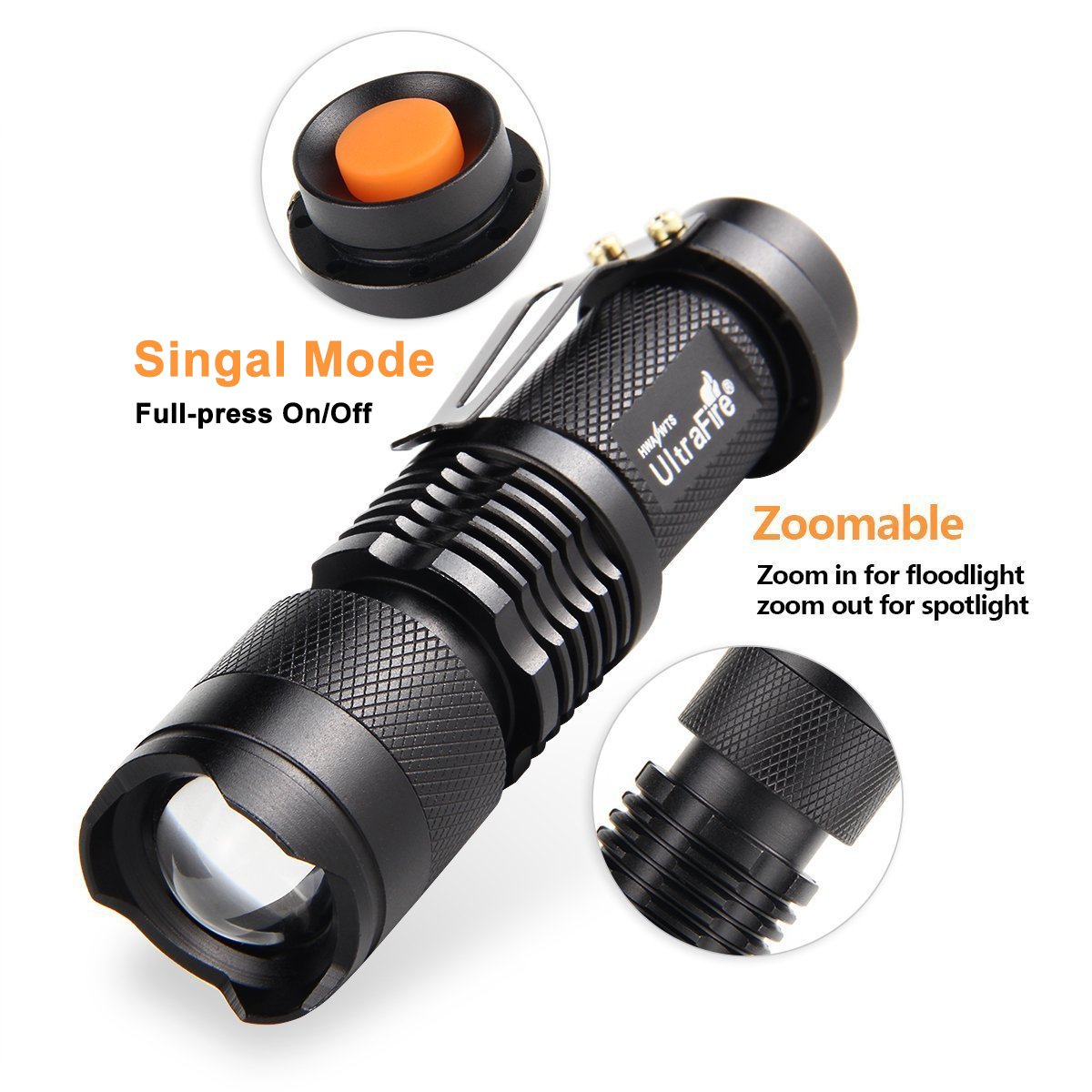 ULTRAFIRE 3 Pack Mini Flashlights Focus Adjustable SK68 Single Mode Tactical LED Flashlight, Ultra Bright 300 Lumens Torch