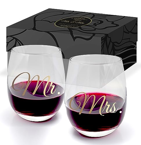 Triple Gifffted Mr and Mrs Wine Glasses Couples Gifts Ideas for Wedding, Anniversary, Gift for Engagement, Bride & Groom, Newlyweds, His and Hers, Wife, Husband, Christmas Presents