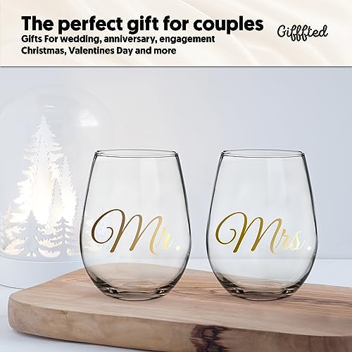 Triple Gifffted Mr and Mrs Wine Glasses Couples Gifts Ideas for Wedding, Anniversary, Gift for Engagement, Bride & Groom, Newlyweds, His and Hers, Wife, Husband, Christmas Presents