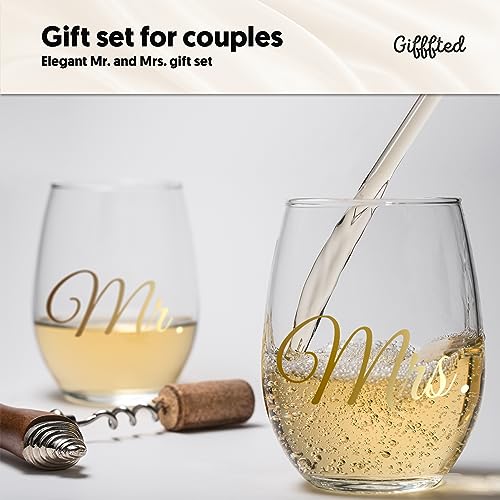 Triple Gifffted Mr and Mrs Wine Glasses Couples Gifts Ideas for Wedding, Anniversary, Gift for Engagement, Bride & Groom, Newlyweds, His and Hers, Wife, Husband, Christmas Presents