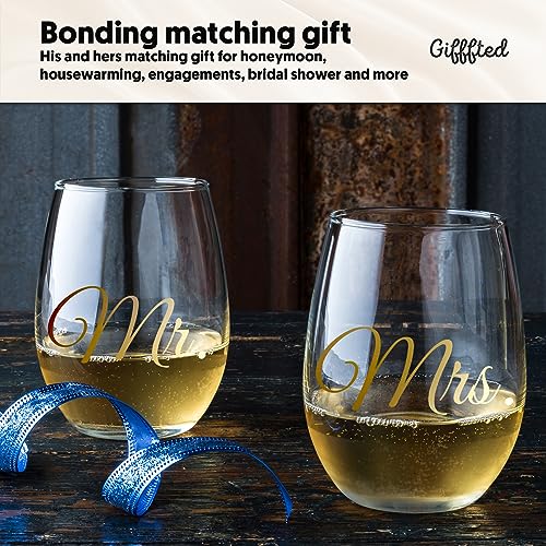 Triple Gifffted Mr and Mrs Wine Glasses Couples Gifts Ideas for Wedding, Anniversary, Gift for Engagement, Bride & Groom, Newlyweds, His and Hers, Wife, Husband, Christmas Presents