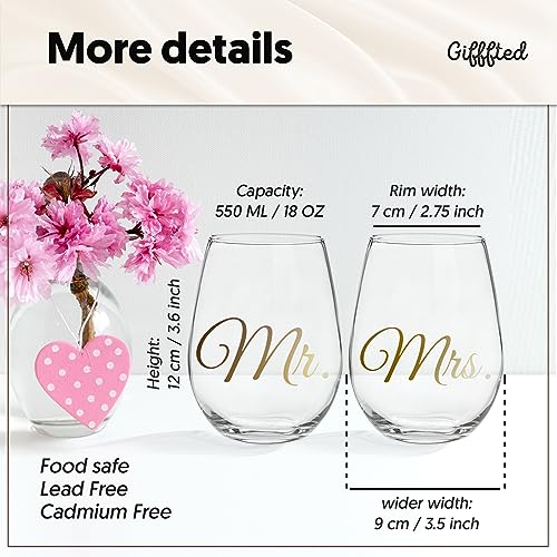 Triple Gifffted Mr and Mrs Wine Glasses Couples Gifts Ideas for Wedding, Anniversary, Gift for Engagement, Bride & Groom, Newlyweds, His and Hers, Wife, Husband, Christmas Presents