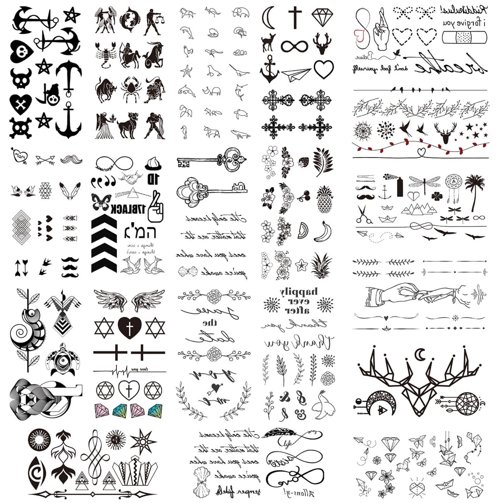 Glaryyears Fake Tiny Temporary Tattoo, 20 Pack Black Sketch Ink Line Small Tattoos Stickers, Various Styles for Fun Party Supplies Vacation on Body Face Hand Wrist