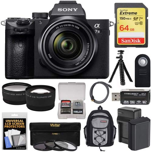 Sony Alpha A7 III 4K Digital Camera & 28-70mm FE OSS Lens with 64GB Card + Battery & Charger + Backpack + 3 Filters + Tripod + Tele/Wide Lens Kit