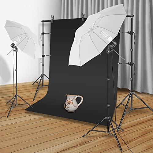 HYJ-INC Photography Umbrella Continuous Lighting Kit,Muslin Backdrop Kit(White Black), Backdrop Clips Clamp,10ft Photo Background Photography Stand System for Photo Video Studio Shooting