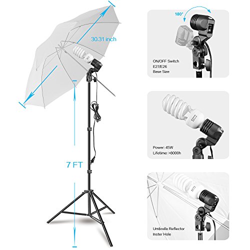 HYJ-INC Photography Umbrella Continuous Lighting Kit,Muslin Backdrop Kit(White Black), Backdrop Clips Clamp,10ft Photo Background Photography Stand System for Photo Video Studio Shooting