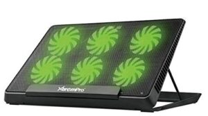 xtrempro portable metal mesh laptop cooler cooling pad, 6 quiet fans w/green led light, 5 adjustable heights, up to 17" in notebook, 2 usb interface w/speed control switch, non-slip - black (11147)