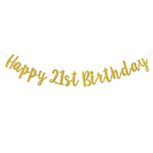 happy 21st birthday banner gold glitter for cheers to 21 years banner, 21st birthday party decorations supplies