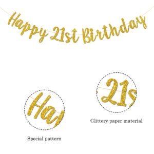 Happy 21st Birthday Banner Gold Glitter for Cheers to 21 Years Banner, 21st Birthday Party Decorations Supplies