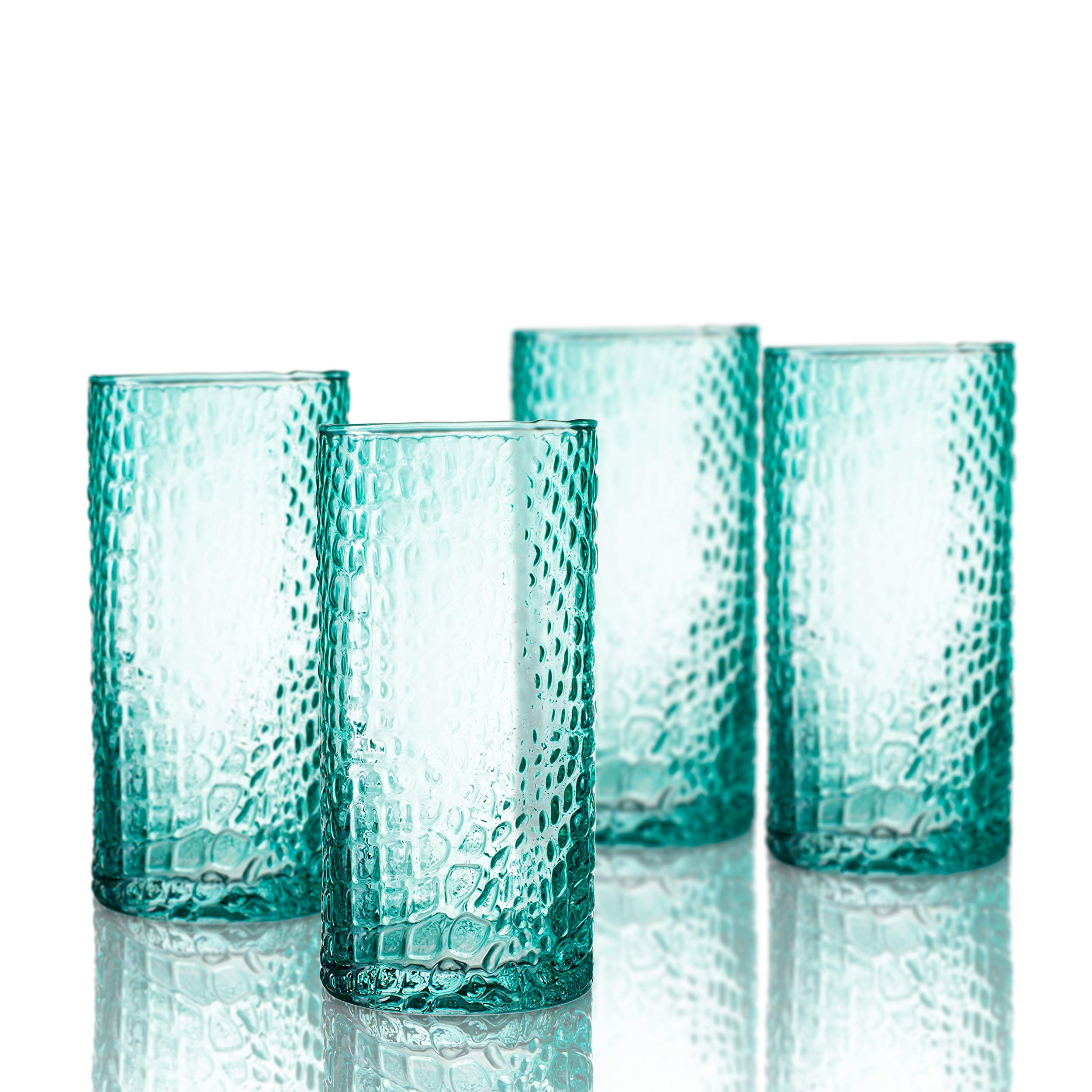 Elle Décor 229805-4HBGR Bistro Croc 4 Pc Set Highball Glasses, Green-Glass Elegant Barware and Drinkware, Dishwasher Safe 15.5 Oz Green