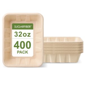 harvest pack gourmet showcase [400 count] sugarfiber 32 oz compostable disposable food container serving trays, rectangle, made from 100% eco-friendly plant fibers