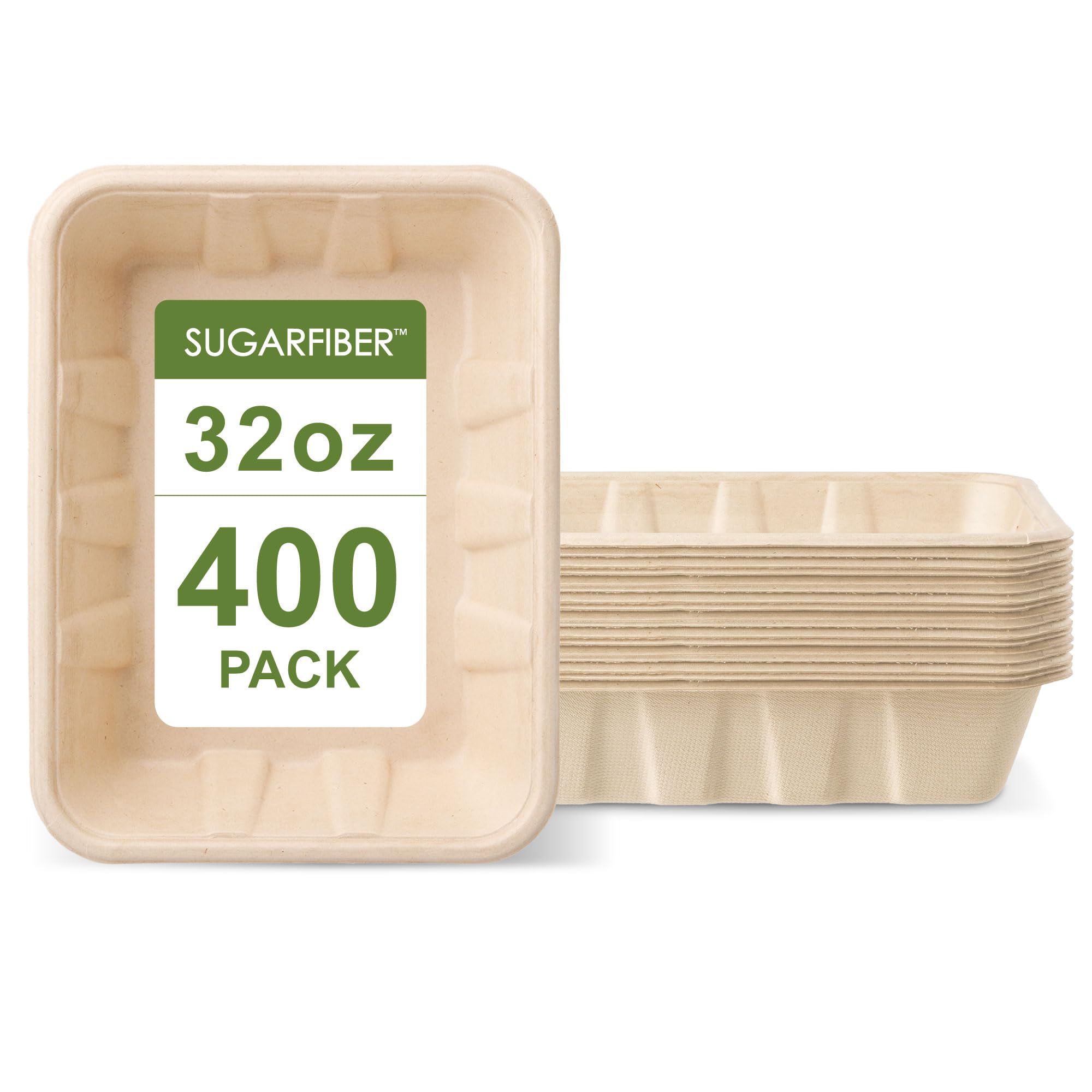 Harvest Pack GOURMET SHOWCASE [400 COUNT] Sugarfiber 32 oz Compostable Disposable Food Container Serving Trays, Rectangle, Made from 100% Eco-Friendly Plant Fibers
