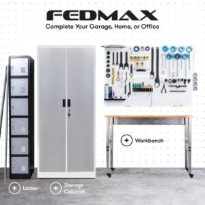 Fedmax Heavy Duty Metal Garage Storage Cabinet - 71-inch Tall Large Steel Utility Locker with Adjustable Shelves & Locking Doors - Garage Cabinets for Tool Storage and Ammo Locker - Black and Silver