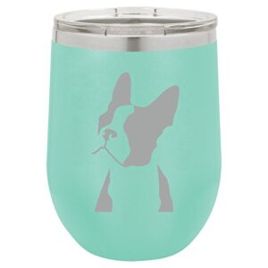 12 oz double wall vacuum insulated stainless steel stemless wine tumbler glass coffee travel mug with lid boston terrier face (teal)