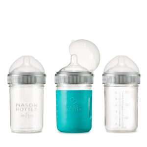 mason bottle 8 ounce glass baby bottles: wide neck, slow-flow nipples w/ 1 silicone sleeve, non-toxic, bpa and bps free, 100% made in the usa (3 pack)
