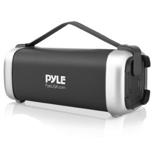 pyle wireless portable bluetooth speaker - 200 watt power rugged compact audio stereo system - rechargeable battery, 3.5mm aux input jack, fm radio, mp3, micro sd and usb reader - pbmsqg12,black