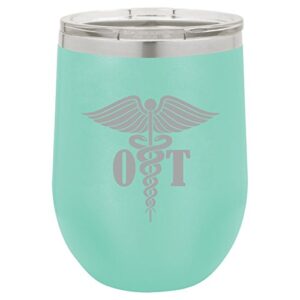 12 oz double wall vacuum insulated stainless steel stemless wine tumbler glass coffee travel mug with lid ot occupational therapy therapist (teal)