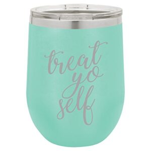 12 oz double wall vacuum insulated stainless steel stemless wine tumbler glass coffee travel mug with lid treat yo self (teal)