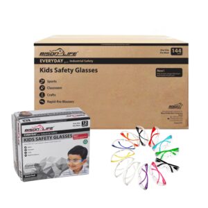 bison life safety glasses for kids 12 pack | ansi z87 impact and scratch resistant, clear lens assorted color temples, child youth size science glasses variety pack