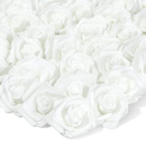 juvale 100 pack white artificial flowers, bulk stemless fake foam roses for wedding, decorations, bouquets (3 in)