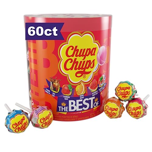 Chupa Chups Candy Lollipops, 5 Assorted Flavors, Drum Display for Parties Office Concessions, 60 Count Drum(Pack of 1)