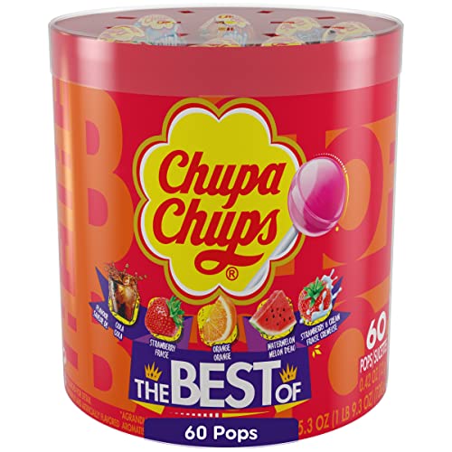 Chupa Chups Candy Lollipops, 5 Assorted Flavors, Drum Display for Parties Office Concessions, 60 Count Drum(Pack of 1)