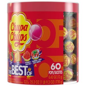 Chupa Chups Candy Lollipops, 5 Assorted Flavors, Drum Display for Parties Office Concessions, 60 Count Drum(Pack of 1)