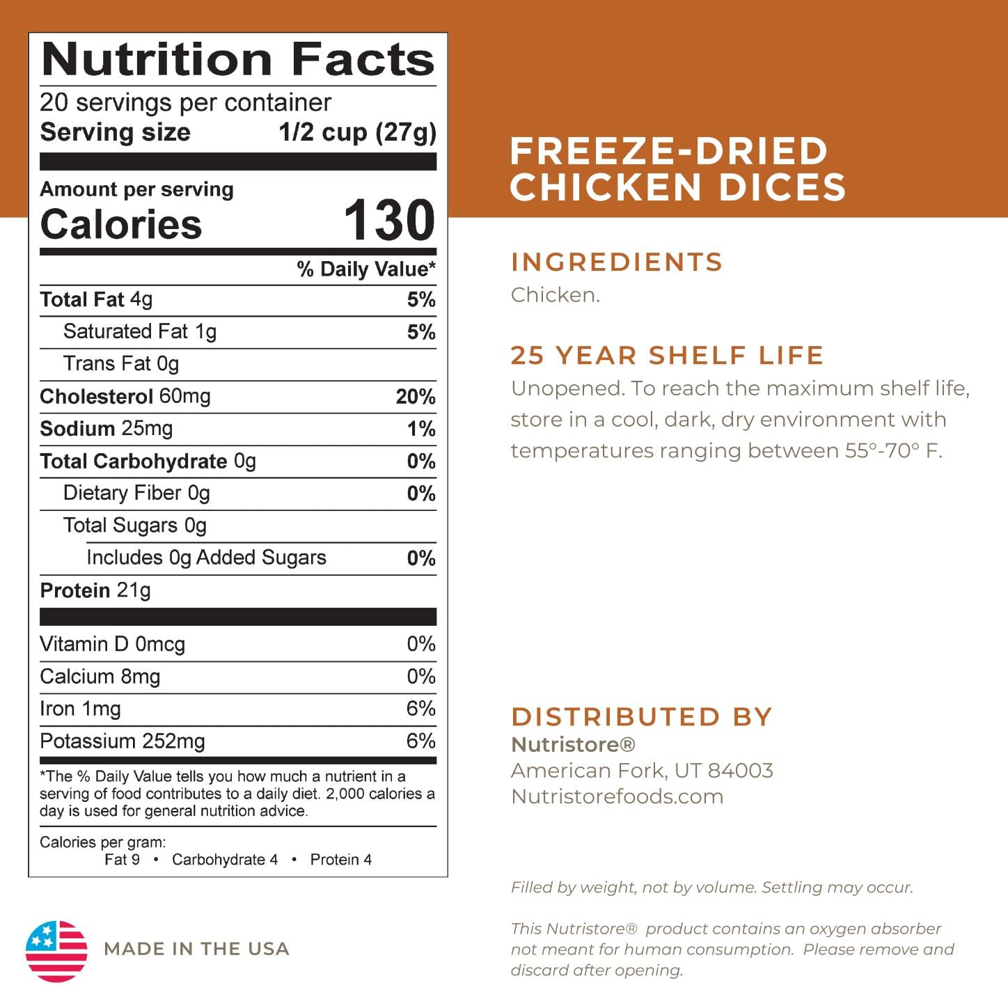 Nutristore Freeze Dried Chicken, Emergency Survival Bulk Food Storage, Premium Quality Meat, Perfect for Lightweight Backpacking or Home Meals, USDA Inspected