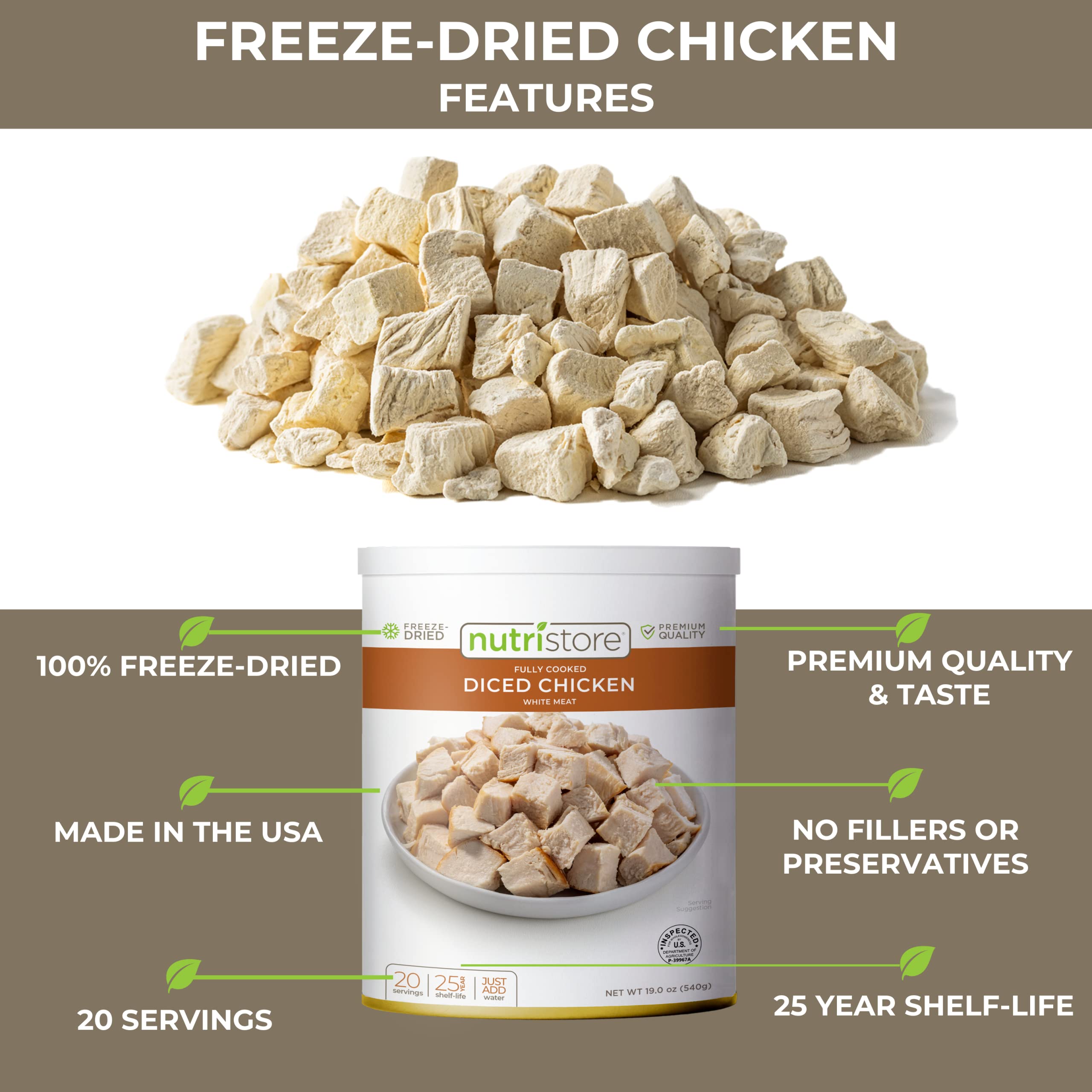 Nutristore Freeze Dried Chicken, Emergency Survival Bulk Food Storage, Premium Quality Meat, Perfect for Lightweight Backpacking or Home Meals, USDA Inspected