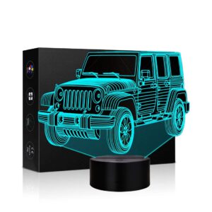 jeep car gifts night lights for kids birthday gift 3d illusion lamp optical desk table touch nursery party western children bedroom decor 7 color change usb car toy for boys room and baby gifts (jeep）