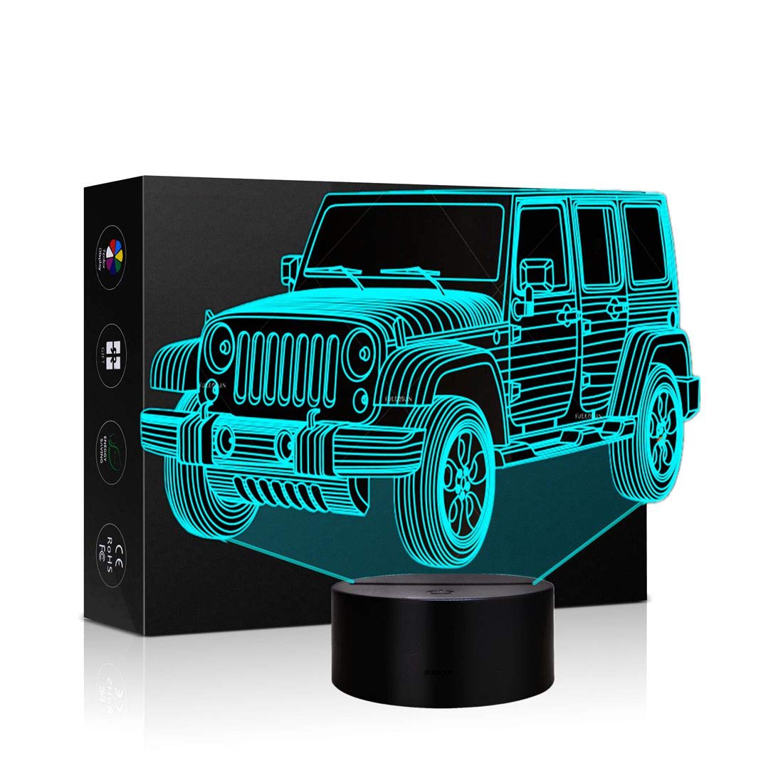 Jeep Car Gifts Night Lights for Kids Birthday Gift 3D Illusion Lamp Optical Desk Table Touch Nursery Party Western Children Bedroom Decor 7 Color Change USB Car Toy for Boys Room and Baby Gifts (Jeep）