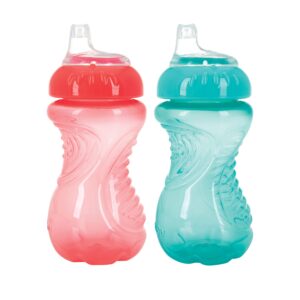 nuby 2-pack no spill easy grip trainer cup 10 oz, coral and aqua