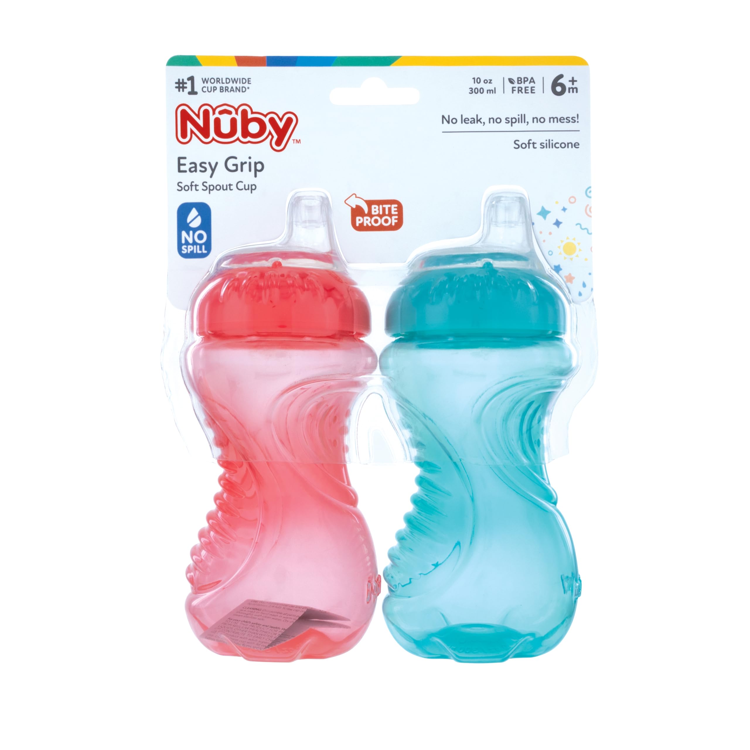 Nuby 2-Pack No Spill Easy Grip Trainer Cup 10 oz, Coral and Aqua