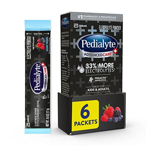 Pedialyte AdvancedCare Plus Electrolyte Powder, with 33% More Electrolytes and PreActiv Prebiotics, Berry Frost, Electrolyte Drink Powder Packets, 0.6 oz, 6 Count