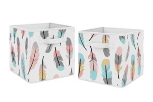 sweet jojo designs turquoise and coral boho feather foldable fabric storage cube bins boxes organizer toys kids baby childrens for collection set of 2