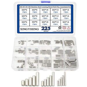 xingyheng 225pcs 15 kinds m2 m3 m4 304 stainless steel dowel pins assortment kit( round straight pin fixed element set with a storage box)