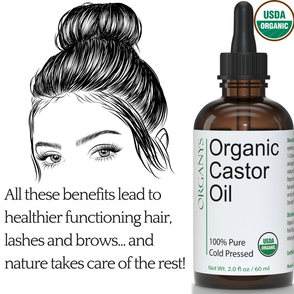 Organys Organic Castor Oil 2oz, For Longer Fuller Thicker Looking Hair Eyelashes & Eyebrows Enhances The Appearance Of Natural Lash & Brow Growth. Serum Comes With Eyeliner & Mascara Brushes