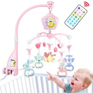 baby mobile for crib with music and lights, remote and projection. pack and play toys for ages 0+ months (pink-bee)