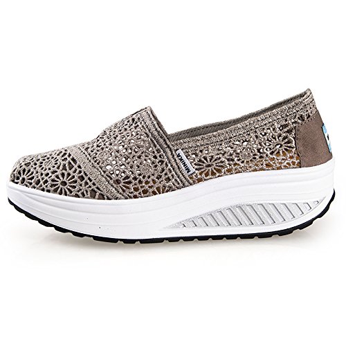 Bill&Candy Women's Mesh Slip-On Platform Toning Shoes Crochet Fitness Work Out Sneaker Dark Grey