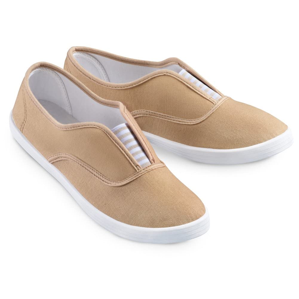 Collections Etc Slip-On Sneaker Shoes with Padded Insoles and Stripe Accent, Cotton, Tan, 8