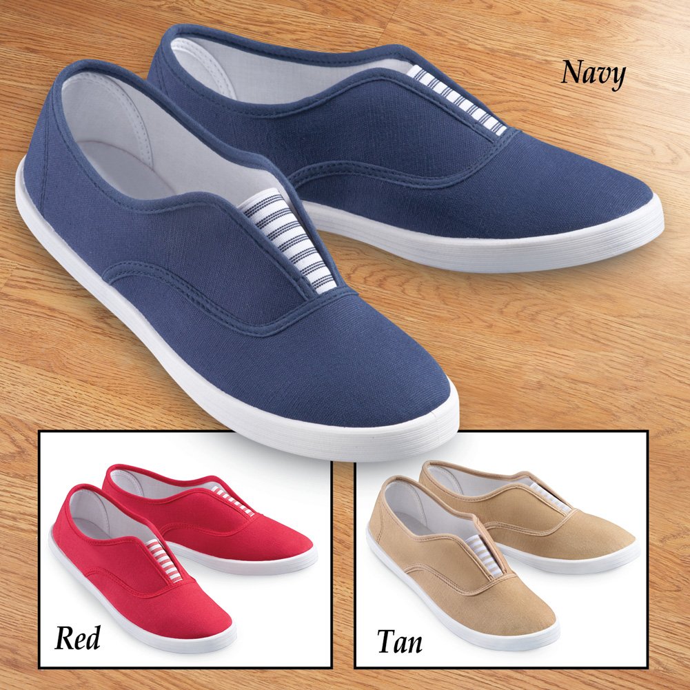 Collections Etc Slip-On Sneaker Shoes with Padded Insoles and Stripe Accent, Cotton, Tan, 8