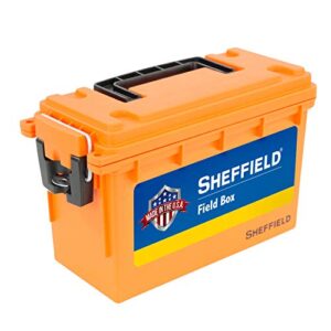 sheffield 12630 field box, pistol, rifle, or shotgun ammo storage box, tamper-proof locking ammo can, water resistant, made in the u.s.a, stackable, orange