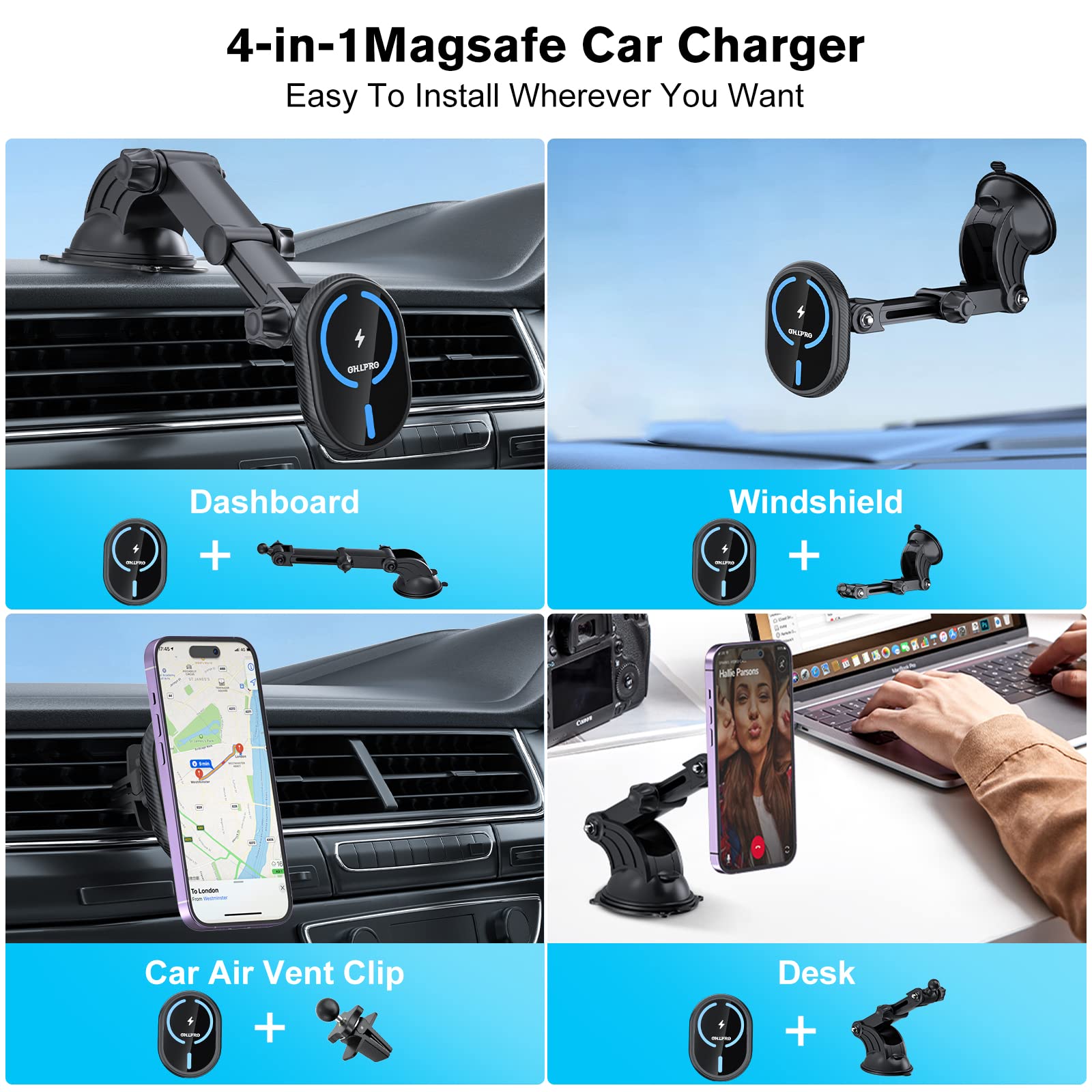 OHLPRO for Magsafe Car Mount Charger, Magnetic Wireless Car Charger for iPhone 15/14/13/12 Series, Adjustable Telescopic Arm Car Phone Holder for Windshield/Dashboard/Vents