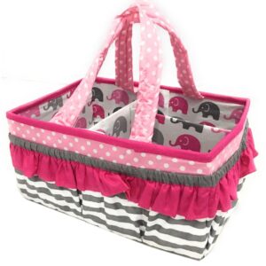 bacati elephants girls nursery fabric storage caddy with handles, pink/grey
